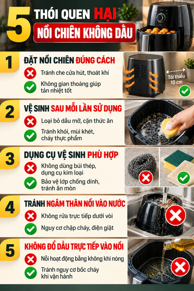 5 th&oacute;i quen hại nồi chi&ecirc;n kh&ocirc;ng dầu nhất - Ảnh 2.